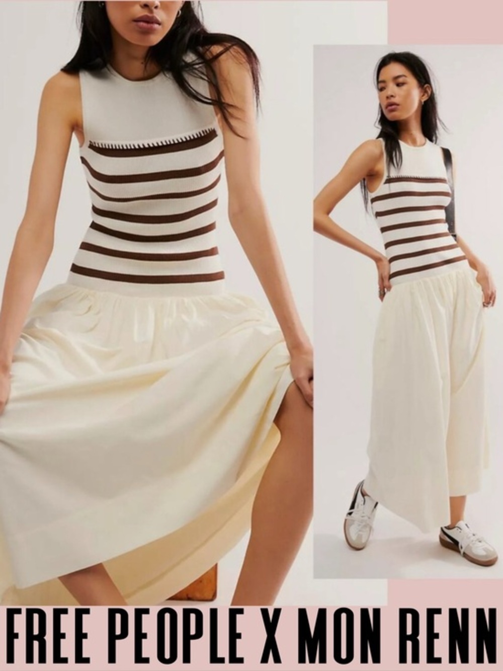 Mon Renn x Free People dress midi knit ribbed sleeveless striped pleated Small